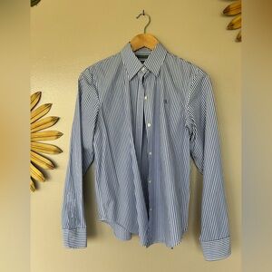LAUREN RALPH LAUREN Women's Blue/White Striped No-Iron Button Front Shirt sz S
